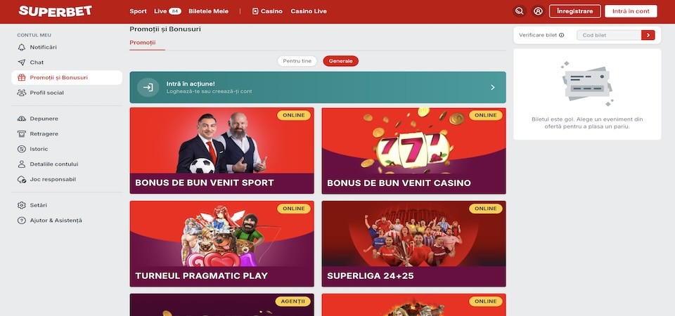 Captură de ecran de pe pagina de bonusuri a superbet