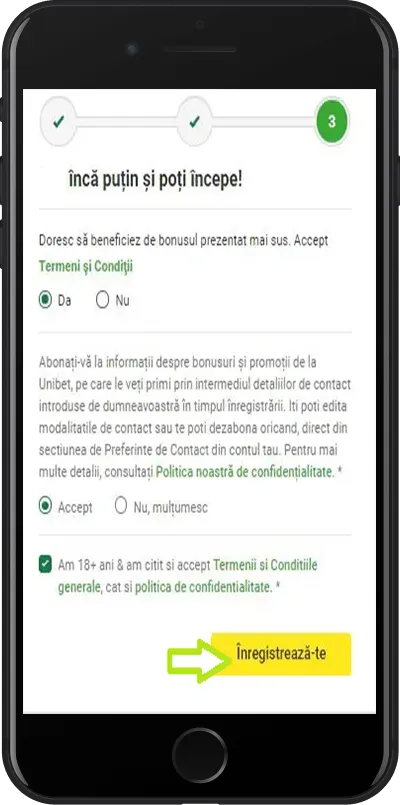 Înregistrarea Unibet pasul trei
